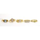 A 9ct gold peridot ring, a 9ct gold blue topaz ring and three 9ct gold cubic zirconia rings (5)Gross