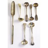A stem marked silver marrow scoop (marks obliterated, makers makr probably W.F) and five assorted