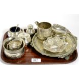 Silver three piece condiment set, two milk jugs, sugar bowl, two small baskets, plated waiter and