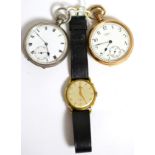 A gold plated Waltham pocket watch, silver pocket watch and a gold plated Avia wristwatch (3)