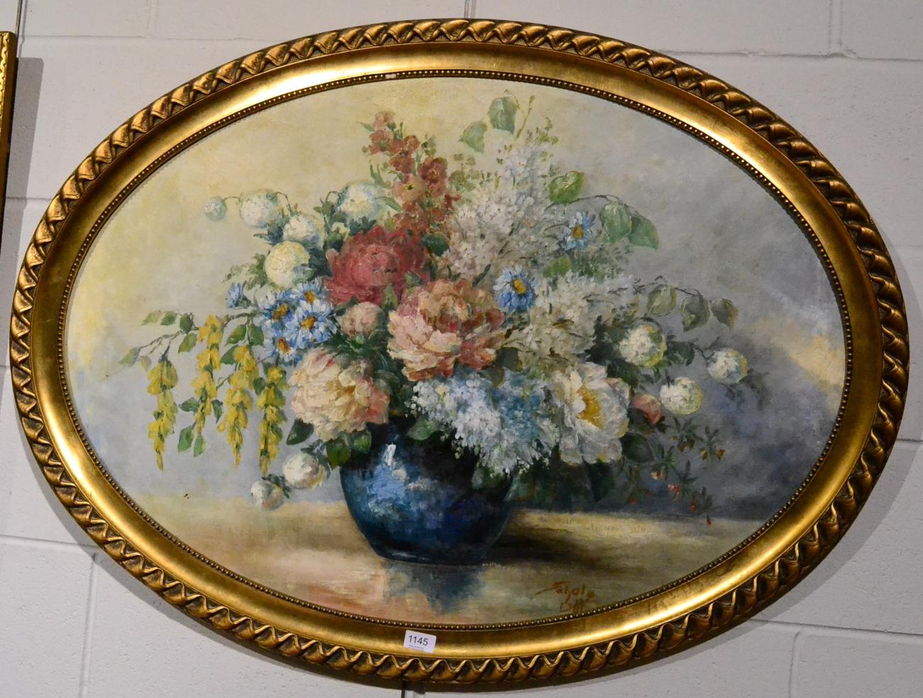 E* Holz (19th/20th century) Still life of assorted flowers in a blue glazed vase, oil on board,