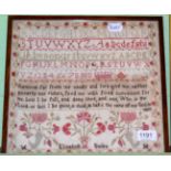 A 19th century small framed alphabet sampler, with central verse, and decorative flowers below,
