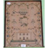 19th century sampler, worked in cross stitch with central cream house with pedestals to the