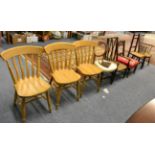 Five assorted chairs and three pine chairs (8)