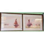 J E Dean (Minton porcelain artist), pair of river scenes with sailing barges, watercolour, signed (