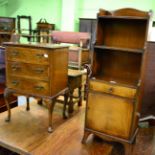 A group of reproduction furniture comprising a walnut bedside chest of drawers, a narrow waterfall