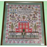 Large pictorial sampler of the red brick Hawkstone Hall, worked by Margaret Black, 1850, in coloured