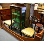 A standing mahogany display case, together with a pair of mahogany framed chairs, a torchere and a