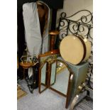 Lloyd Loom clothes basket, firescreen with needlework insert, modern torchere, modern fire irons,