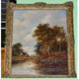 Joseph Thors, figures before a cottage in a river landscape, signed, oil on canvas