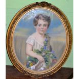 A pastel depicting a young girl holding a wreath of flowers, signed and dated 1862