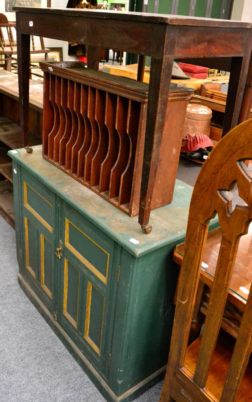 ~ Oak open bookcase, mahogany side table, painted green kitchen cabinet and a plate rack (4)