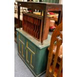 ~ Oak open bookcase, mahogany side table, painted green kitchen cabinet and a plate rack (4)