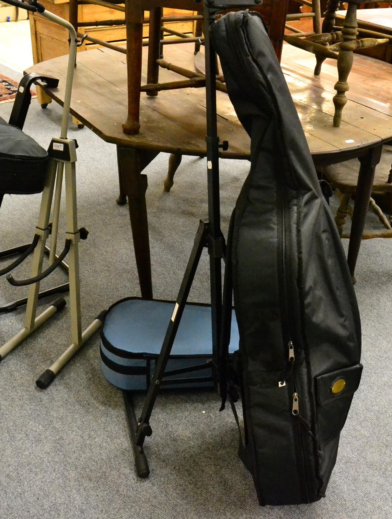 Various modern instruments including two violins, a cello, stands and stool (qty)