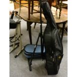 Various modern instruments including two violins, a cello, stands and stool (qty)