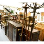 ~ Eight late 19th century pine stools, two hat stands, letter rack, small oak coffee table,