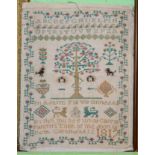 Unframed Adam & Eve sampler by Ruth Greathead dated 181(2), with alphabet to the top and verse