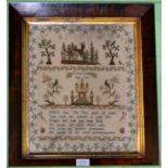 A Victorian sampler worked by Emma Caseley, aged 9 years, worked in cross stitch, with image of a