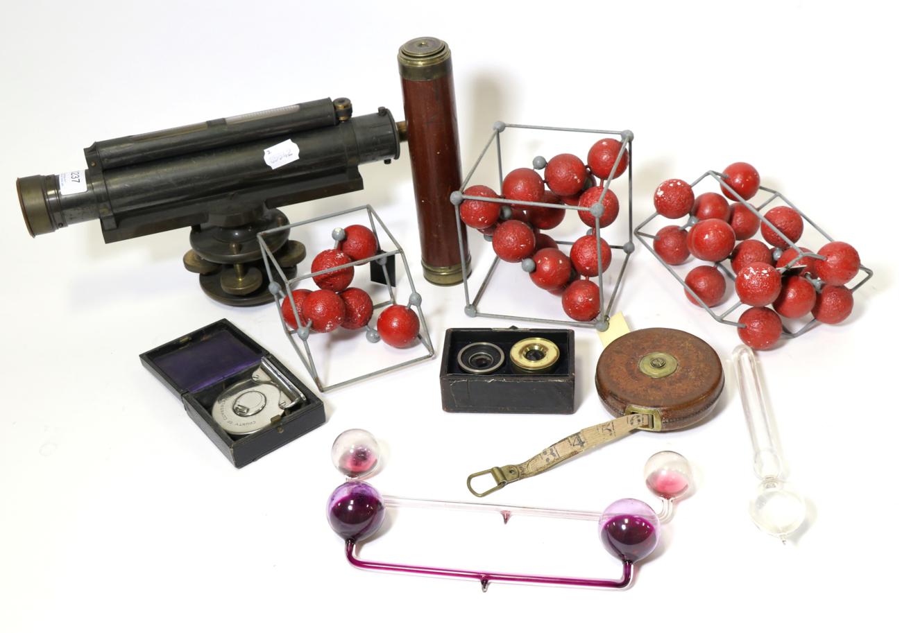 Miscellaneous Antique Surveying Instruments, including a leather bound measure signed Cheterman