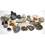 One Box of Various Fossils and Minerals, including Agates from Brazil, Quartz geode, Triolobite,