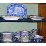 Maling ware part dinner service and blue and white transfer printed meat plates etc (two shelves)
