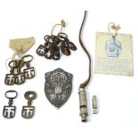 Collectables comprising silver whistle, police whistle, assorted latch keys, Portland vase,