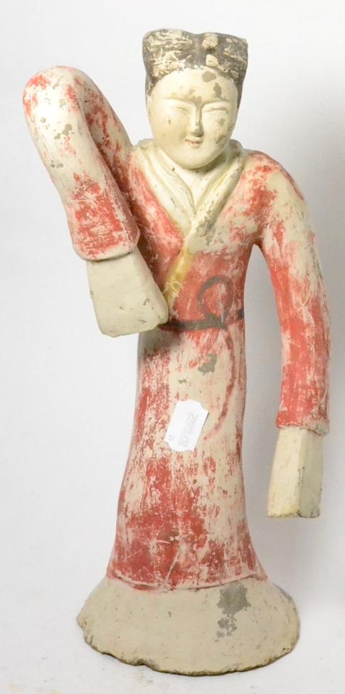 A Chinese terracotta standing figure of a sleeve dancer, retaining original pigments