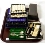 Nine cased sets of spoons including apostle spoons, tea spoons, coffee spoons etc, together with