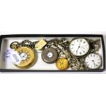 A 9ct gold fob watch, silver fob watch, silver pocket watch and chain, plated half hunter watch etc