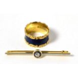 An 18ct gold blue enamel ring (re-enamelled) and a diamond set brooch (2) Finger size Q, 9.9g gross