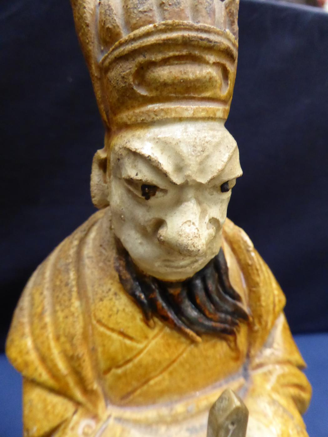A Chinese pottery statue of a Daoist sage, 19th century, and a Chinese sancai pottery figure of a - Image 4 of 5