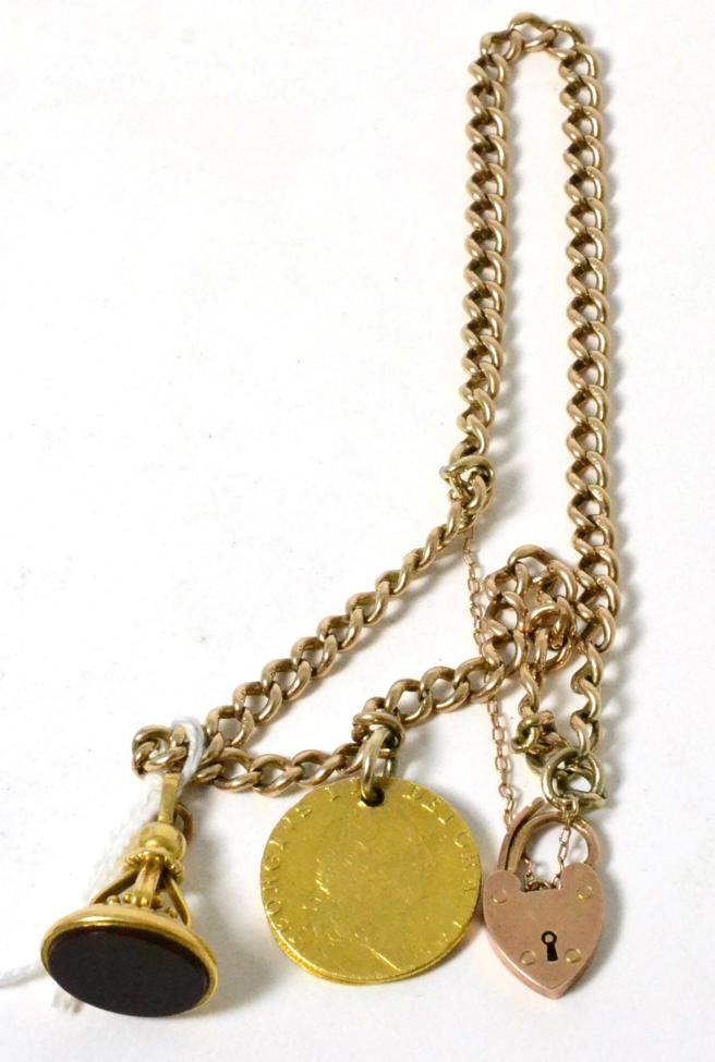 A 9ct gold chain with two soldered George III coins and a hardstone fob43.7g gross