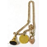 A 9ct gold chain with two soldered George III coins and a hardstone fob43.7g gross