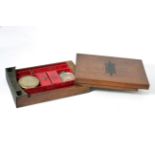 A 19th century campaign or travelling shaving box, inscribed ''W Glanvill'', red leather interior,