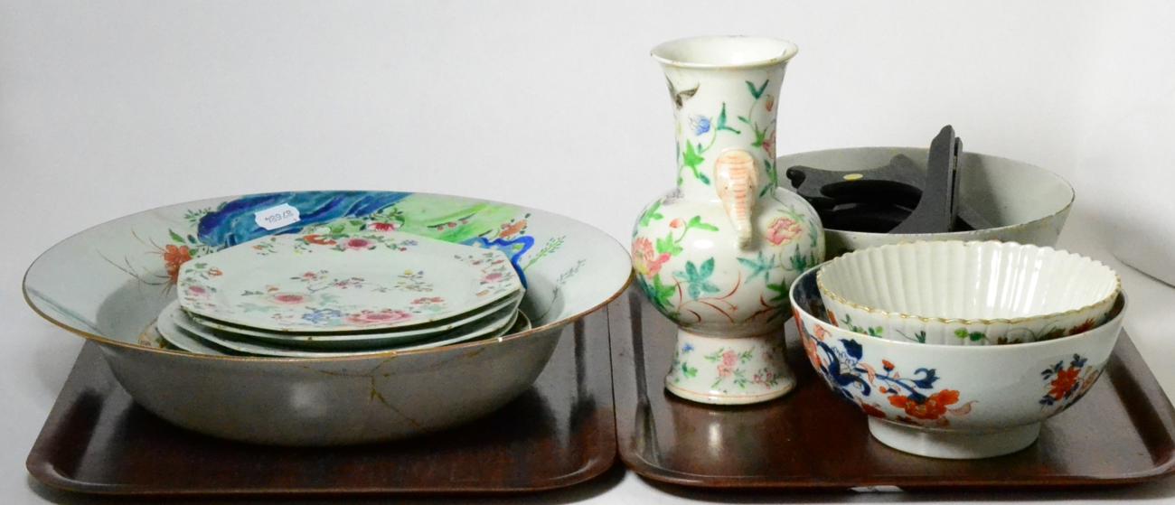A Chinese famille rose basin a.f., three bowls, five plates and a vase (two trays)