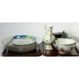 A Chinese famille rose basin a.f., three bowls, five plates and a vase (two trays)