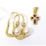 A pair of cultured pearl earrings, stamped '750' and a gem set cross pendant, stamped '750' (2)5g