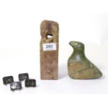 A Chinese soapstone seal with elephant knop, and a set of four Japanese inlaid menu holders, and a