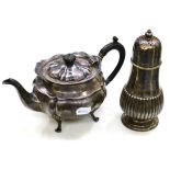 A silver teapot by Mappin & Webb, and a large plated caster