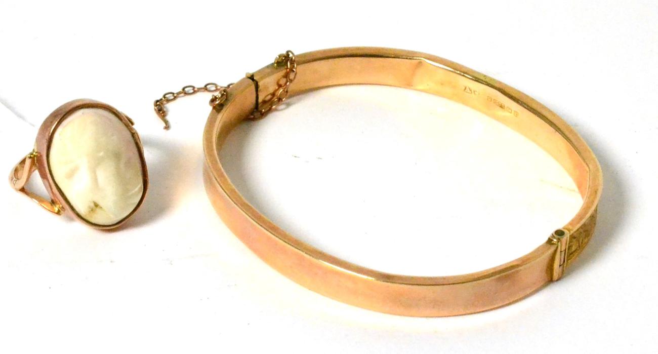 A 9ct gold cameo ring and a 9ct gold bangle Finger size M, 13.47g gross