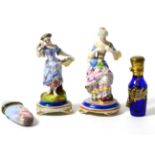 A Continental silver and enamel scent flask; another enamelled glass example, and a pair of