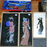 Three framed Persian drawings, a cased presentation Kukhri and one other (5)