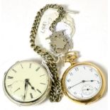 A silver pocket watch and watch chain and a gold plated Elgin pocket watch (2)