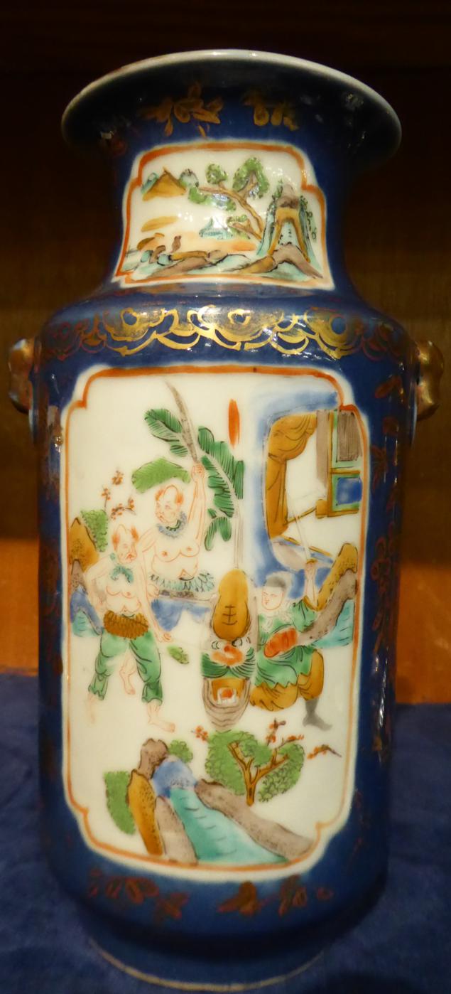 A Chinese blue ground vase with gilt decoration and reserves painted with fighting figures Some - Image 2 of 5