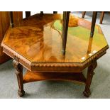 A flame mahogany veneered octagonal coffee table with glass protector