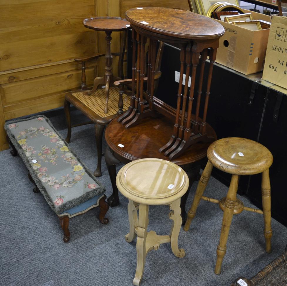 Nest of three tables, rush seat armchair, round table, upholstered foot stool, pine stool and two