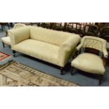 Mahogany framed Victorian sofa together with a two similarly upholstered button back open armchairs