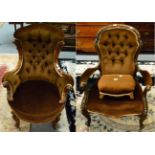 A pair of Victorian mahogany framed button back open arm chairs and a foot stool