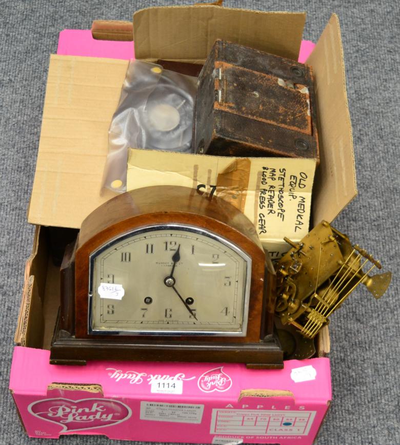 Assorted items including a mantel clock signed Munsey & Co, Cambridge; a clock movement; Kodak no.3;
