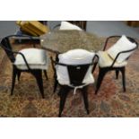 A reproduction painted cast iron table with octagonal marble top and four chairs